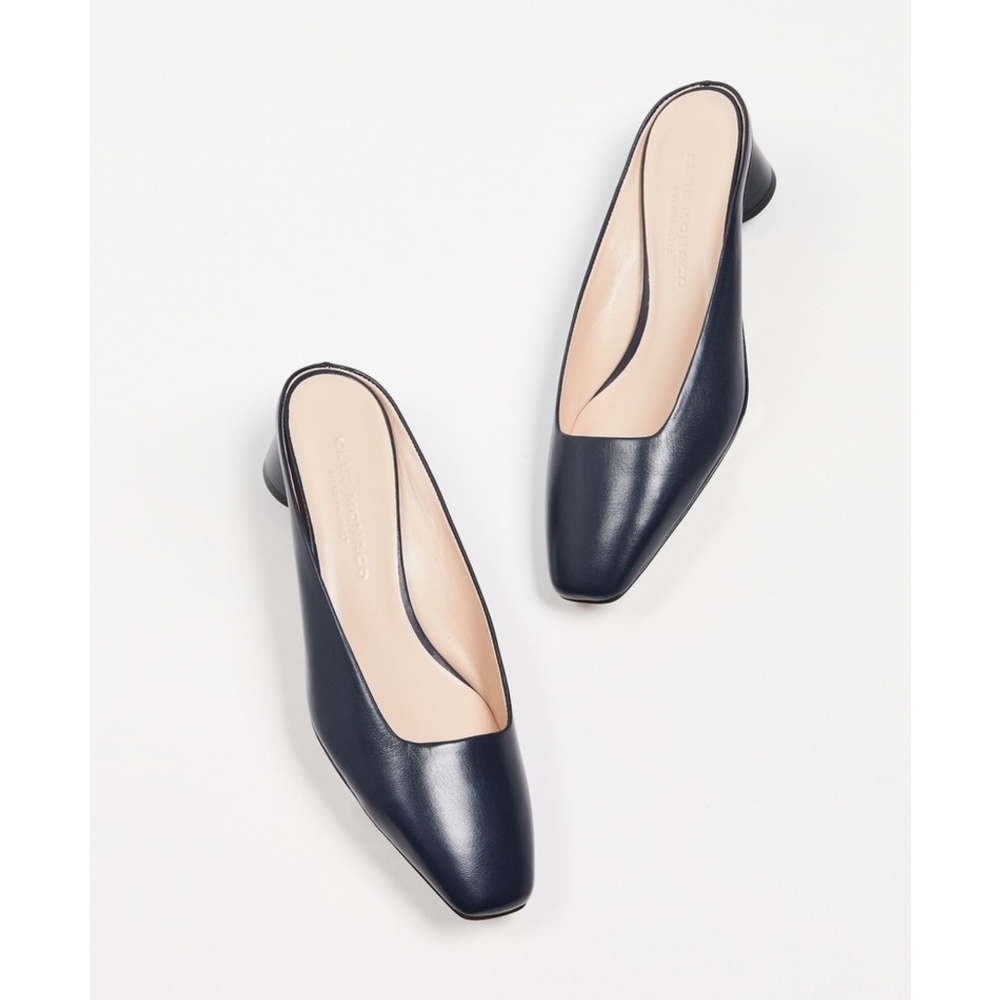 {Club Monaco} Aveena Block Heel Leather Mules Navy